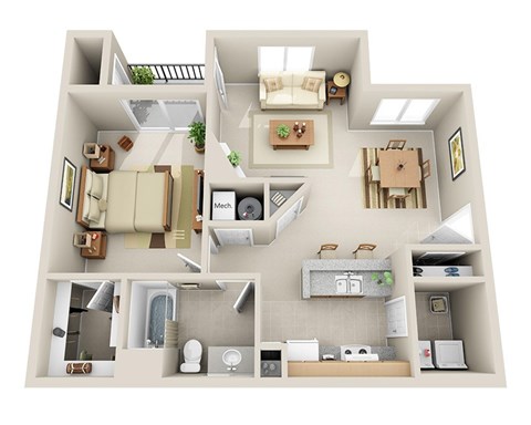Floor plan for 1 bed, 1 bath, 829 sqft
